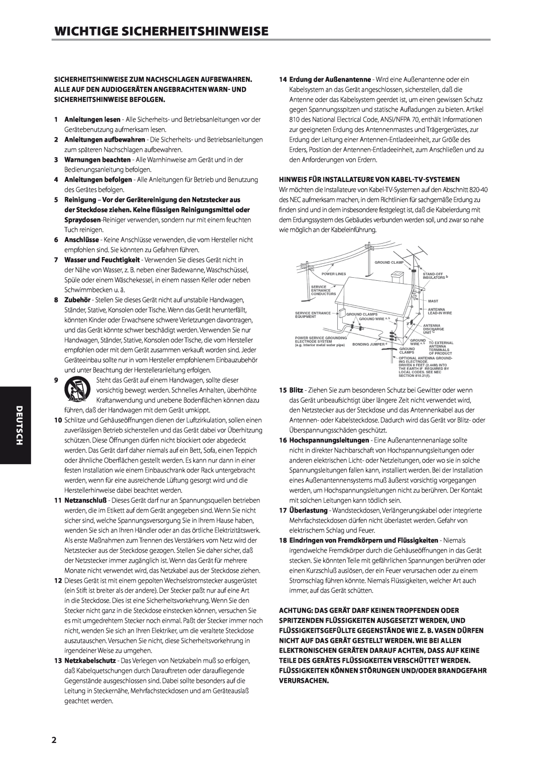 NAD M56 manual Wichtige Sicherheitshinweise, Hinweis Für Installateure Von Kabel-Tv-Systemen, Deutsch 