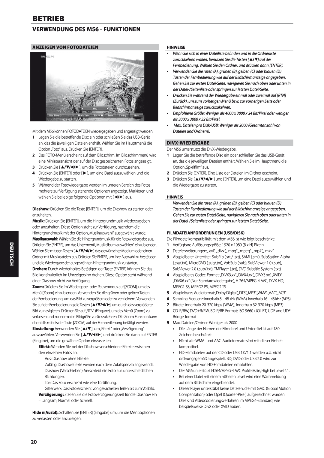 NAD M56 manual Anzeigen Von Fotodateien, Divx-Wiedergabe, Filmdateianforderungen Usb/Disk, Betrieb, Deutsch, Hinweise 