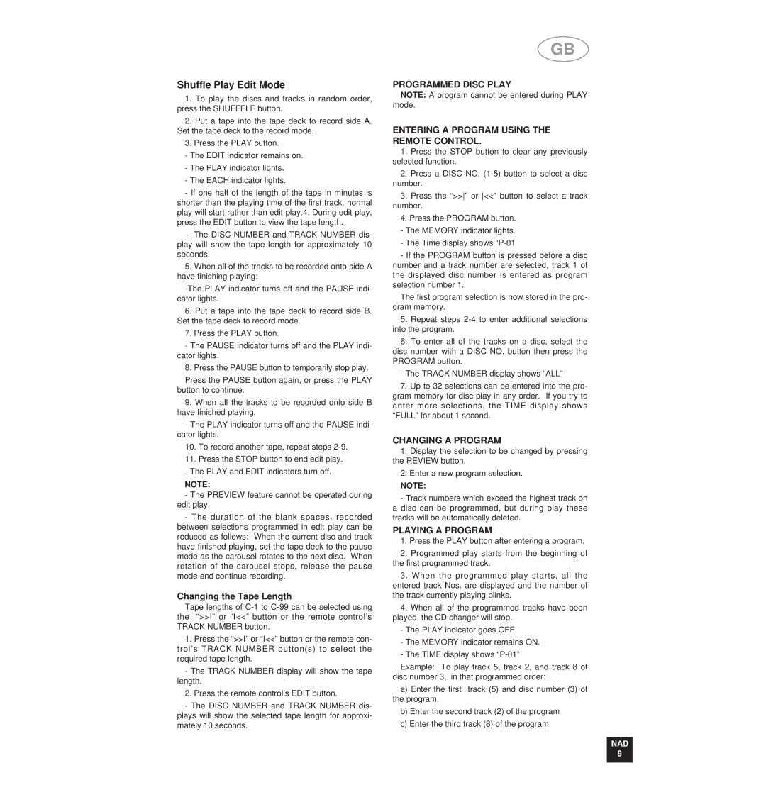 NAD NAD 517 owner manual Changing the Tape Length, Changing a Program, Playing a Program 