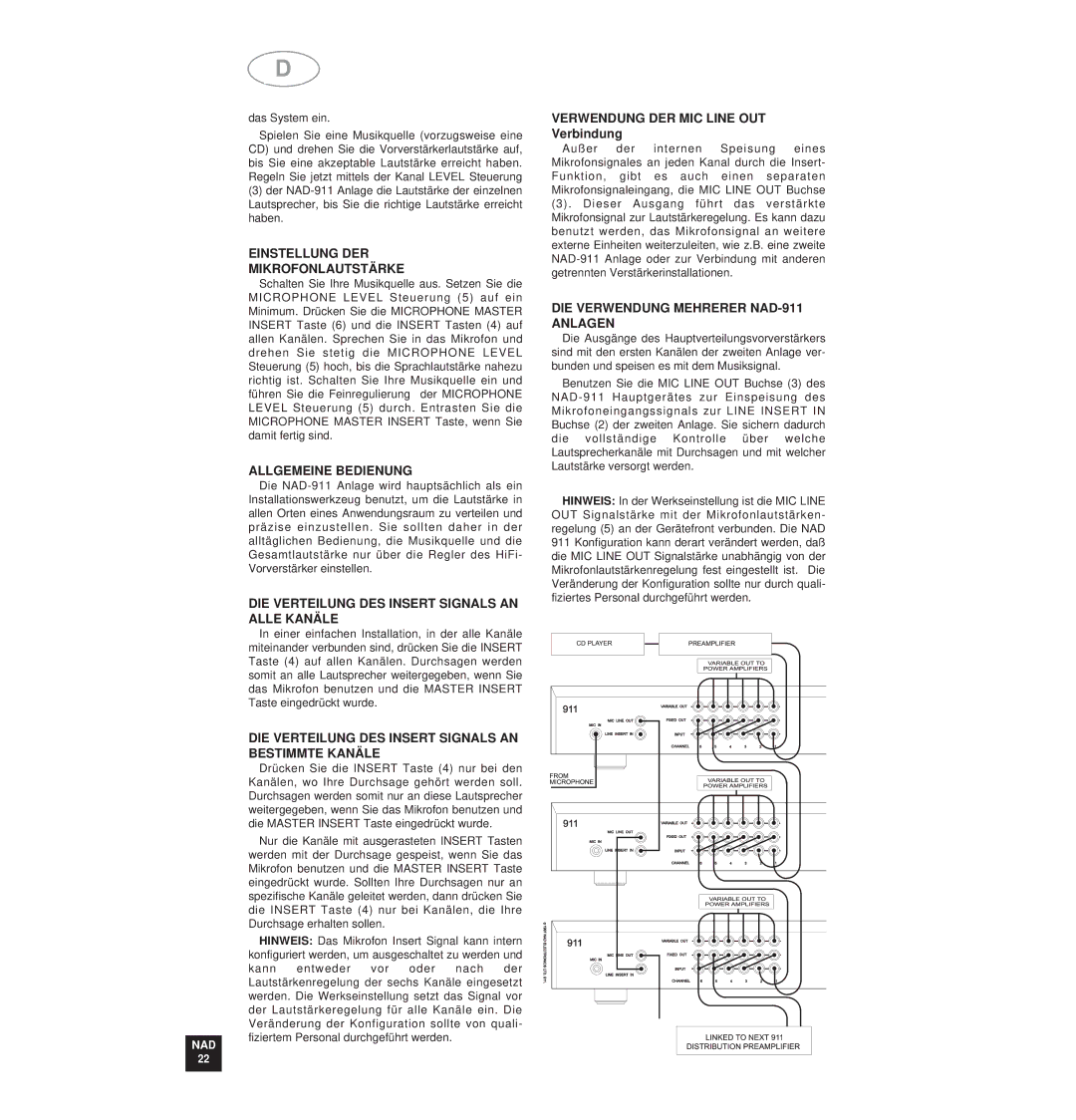 NAD NAD 911 Einstellung DER Mikrofonlautstärke, Allgemeine Bedienung, DIE Verteilung DES Insert Signals AN Alle Kanäle 