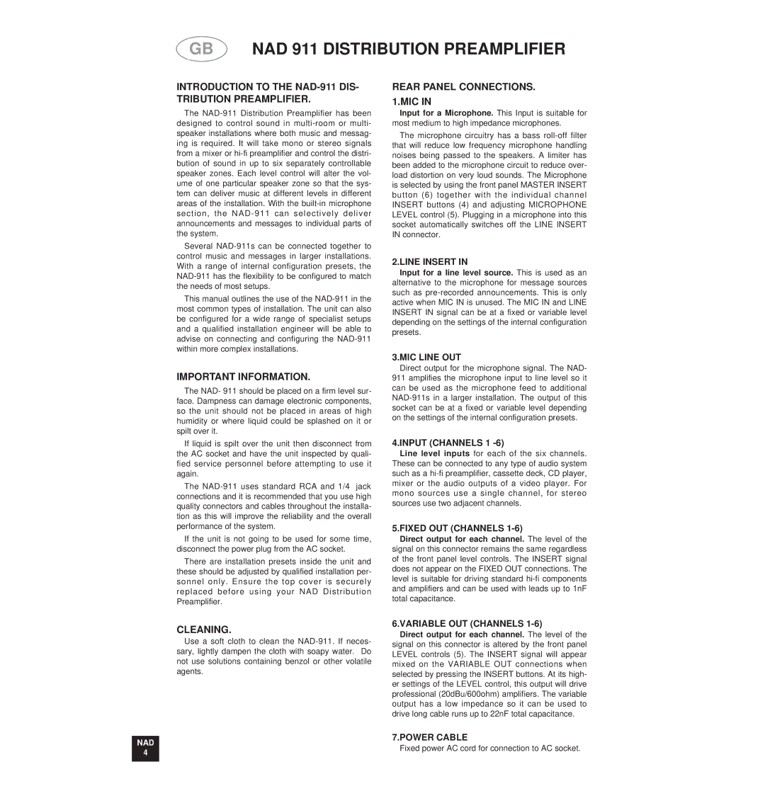 NAD NAD 911 Introduction to the NAD-911 DIS- Tribution Preamplifier, Rear Panel Connections MIC, Important Information 