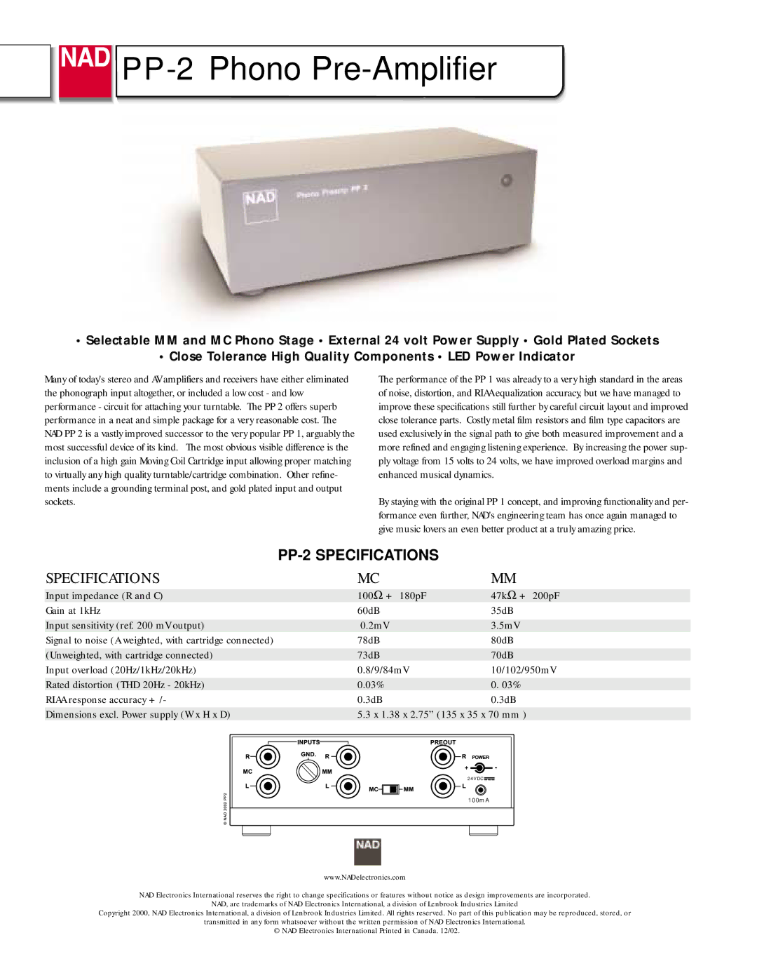 NAD specifications PP-2Phono Pre-Amplifier, PP-2 Specifications 