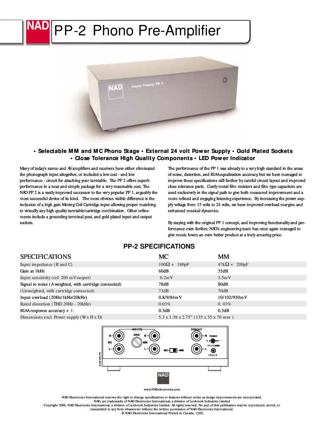 NAD specifications PP-2 Phono Pre-Amplifier, PP-2SPECIFICATIONS, Specifications 