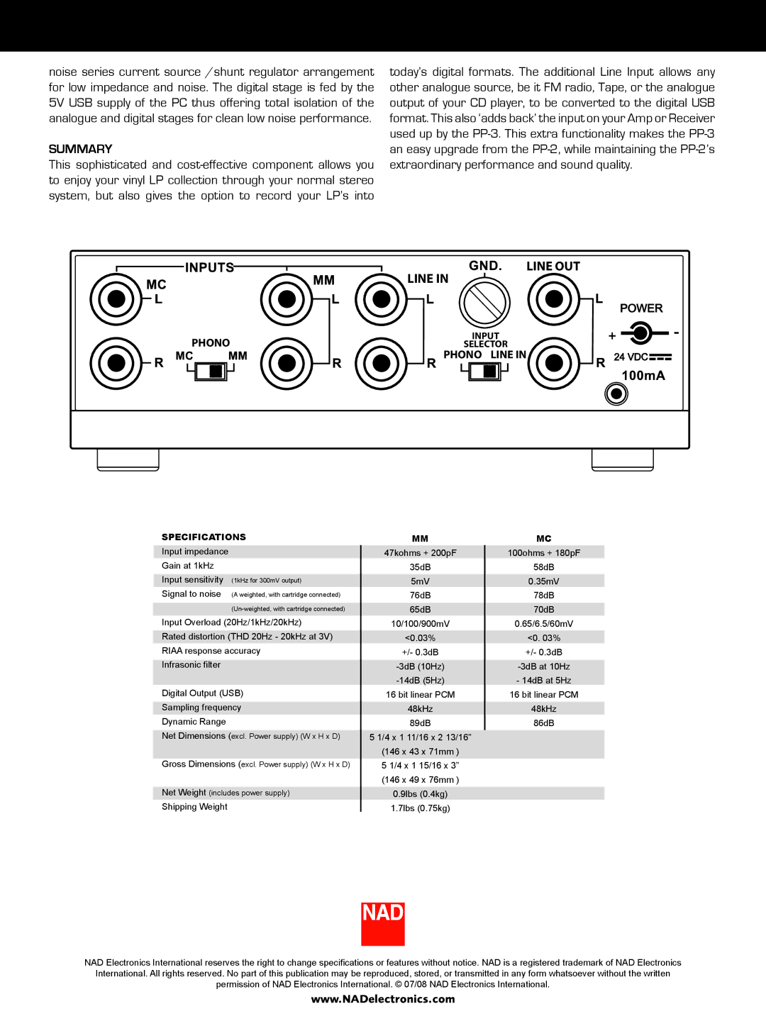 NAD PP-3 manual Summary, Line Line OUT 