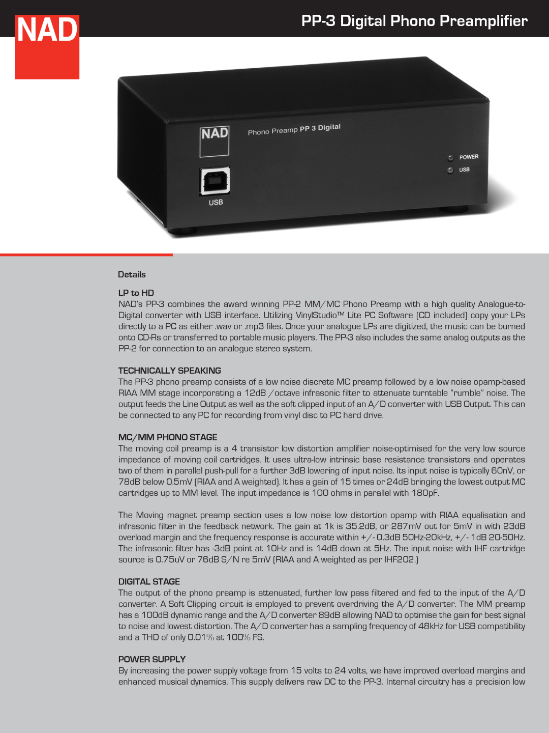 NAD PP-3 manual Details LP to HD, Technically Speaking, Mc/Mm Phono Stage, Digital Stage, Power Supply 