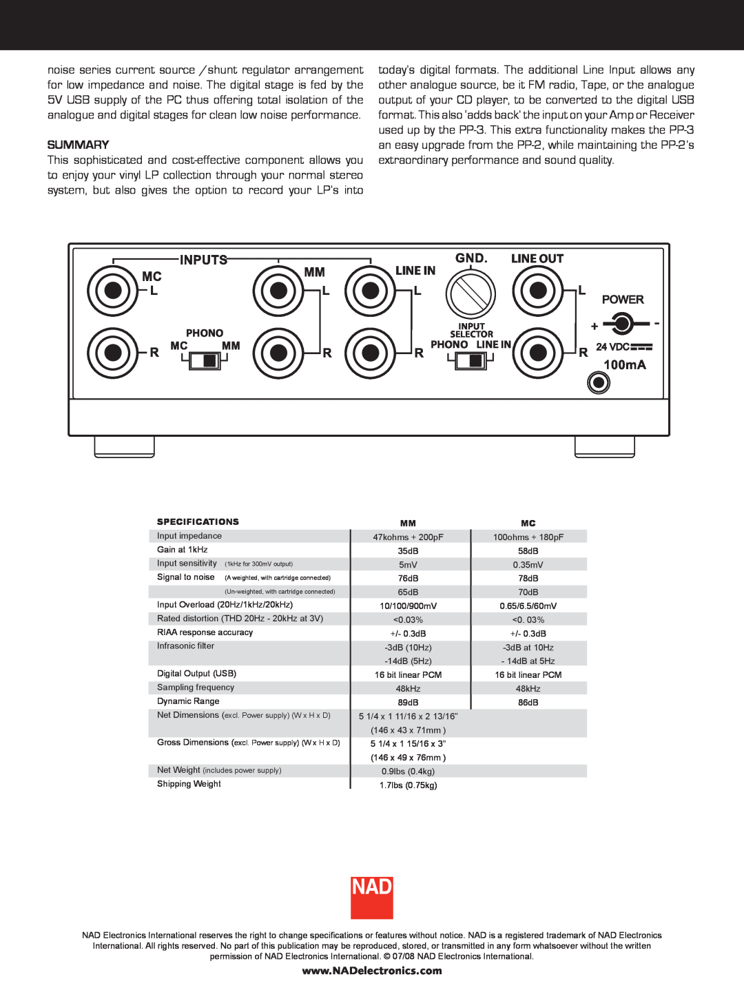 NAD PP-3 manual Summary, Line Out, Phono Line In 