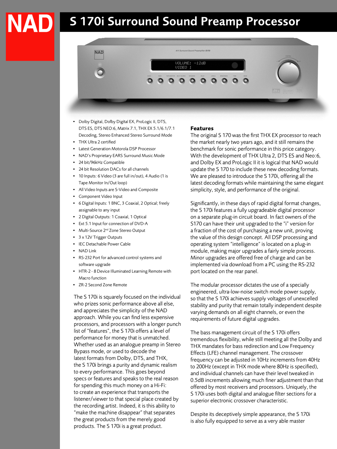 NAD manual Features, S 170i Surround Sound Preamp Processor 