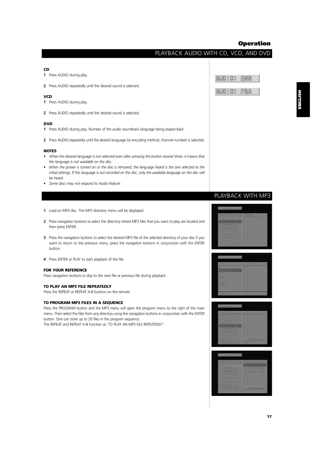 NAD S 570 owner manual Playback Audio with CD, VCD, and DVD, Playback with MP3, Vcd, To Play AN MP3 File Repeatedly 