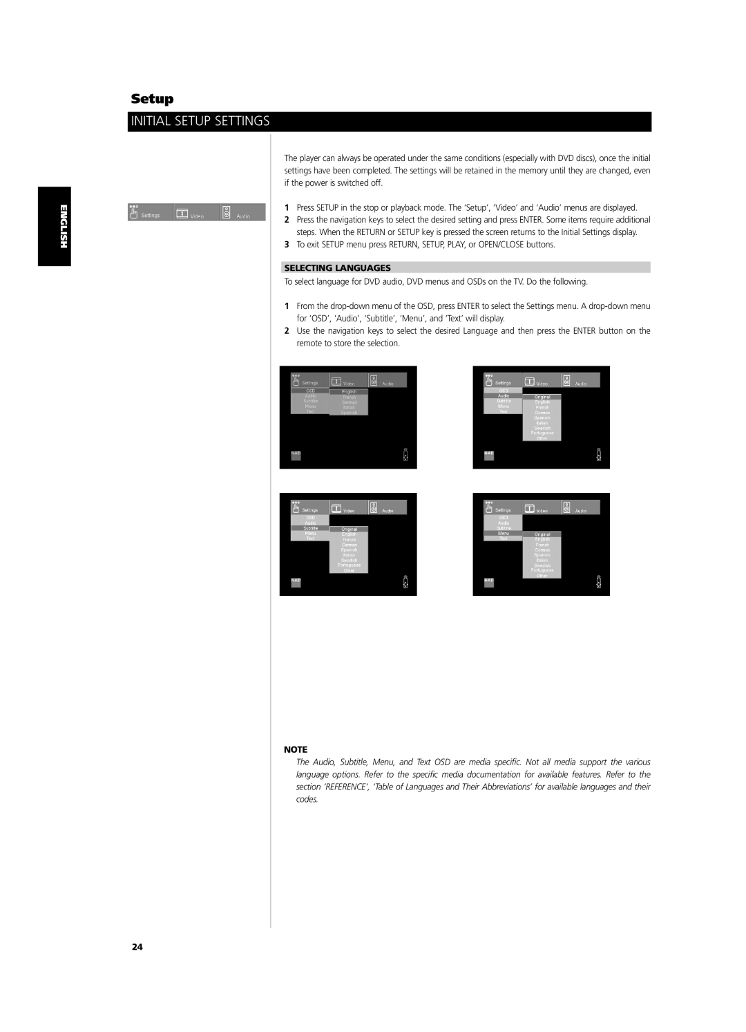 NAD S 570 owner manual Initial Setup Settings, Selecting Languages 