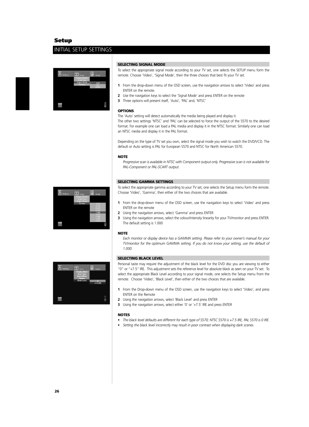 NAD S 570 owner manual Selecting Signal Mode, Options, Selecting Gamma Settings, Selecting Black Level 