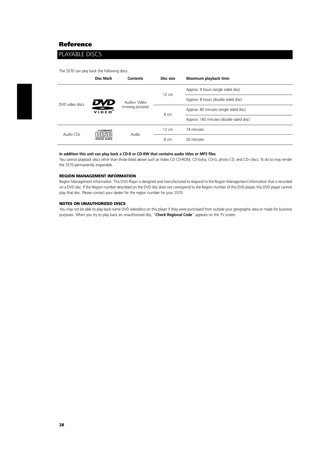 NAD S 570 owner manual Playable Discs, Disc Mark Contents Disc size, Region Management Information 