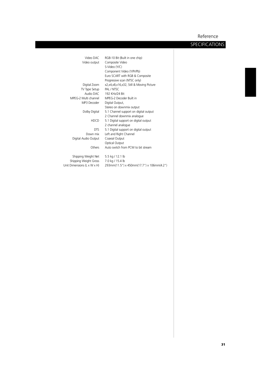 NAD S 570 owner manual Specifications, PAL / Ntsc 