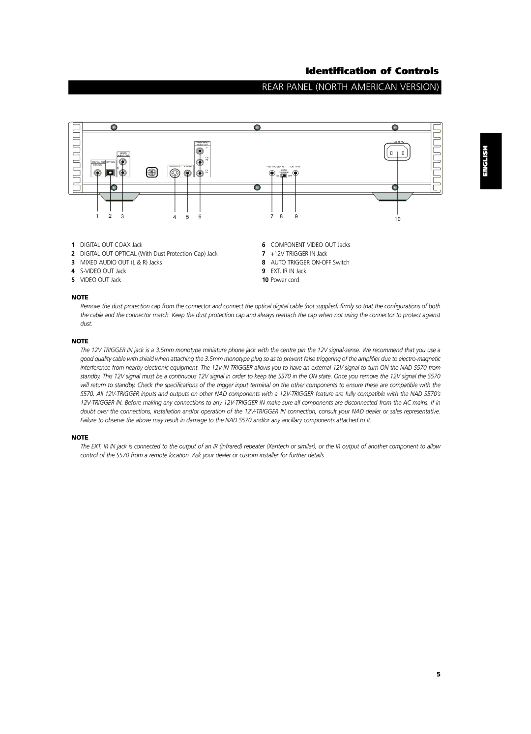 NAD S 570 owner manual Rear Panel North American Version 