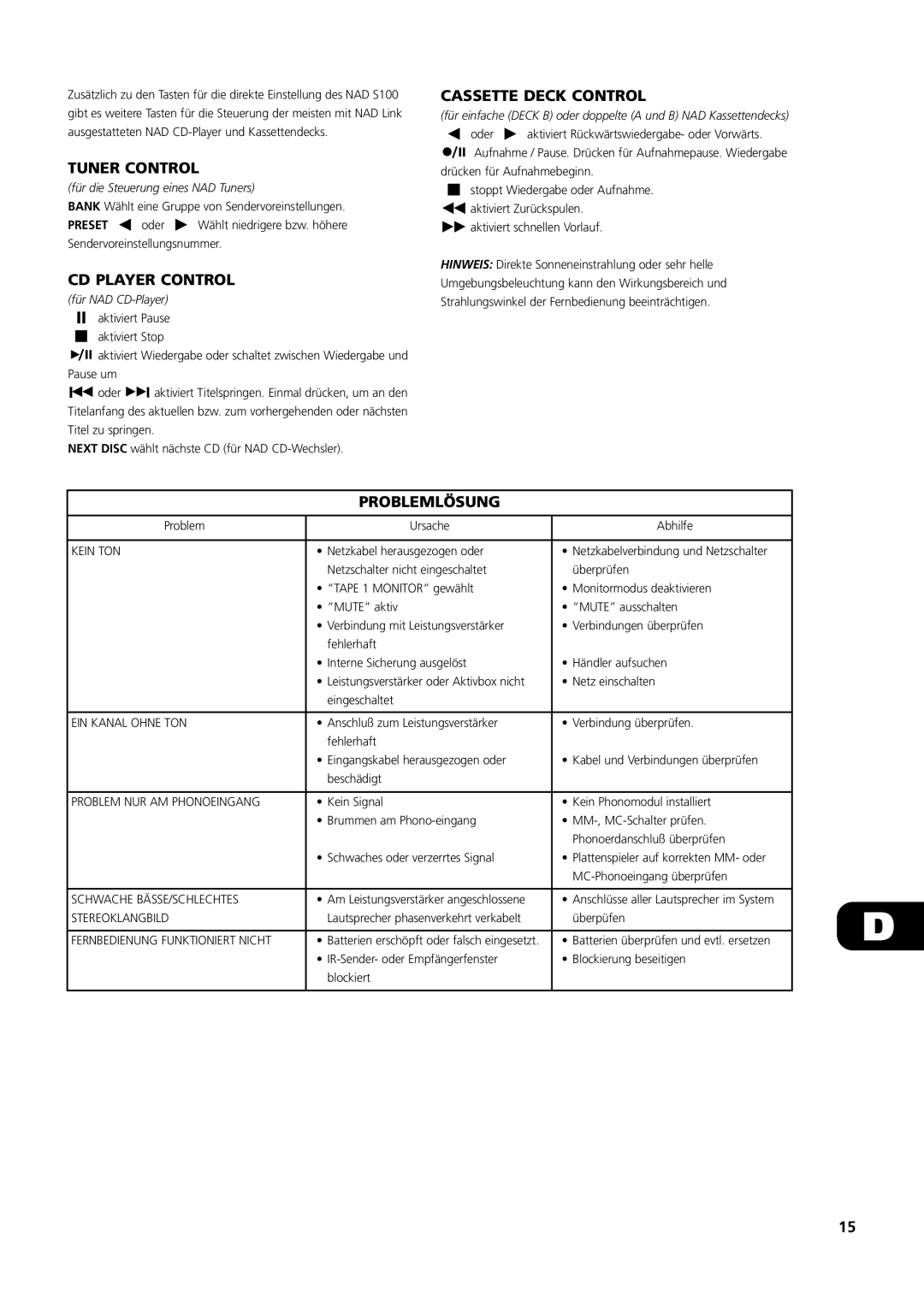 NAD S100 owner manual CD Player Control, Problemlösung, Für die Steuerung eines NAD Tuners, Für NAD CD-Player 