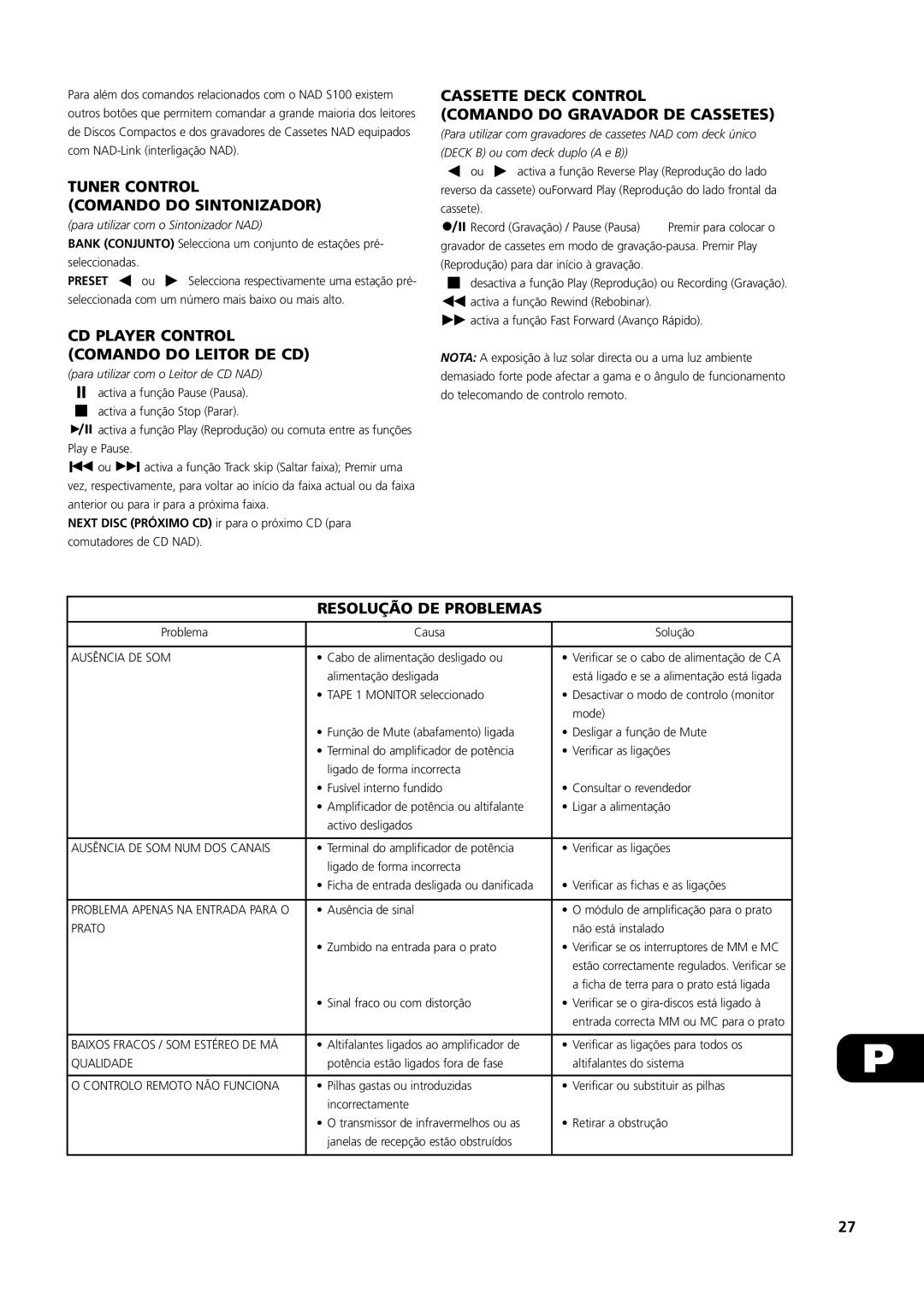 NAD S100 owner manual Tuner Control Comando do Sintonizador, Cassette Deck Control Comando do Gravador DE Cassetes 