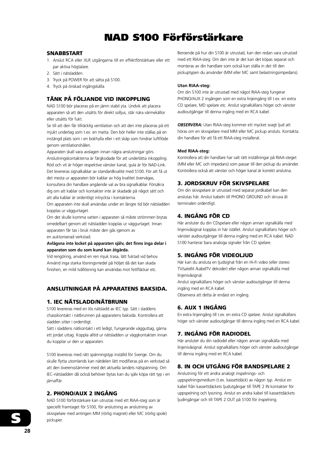 NAD owner manual NAD S100 Förförstärkare 