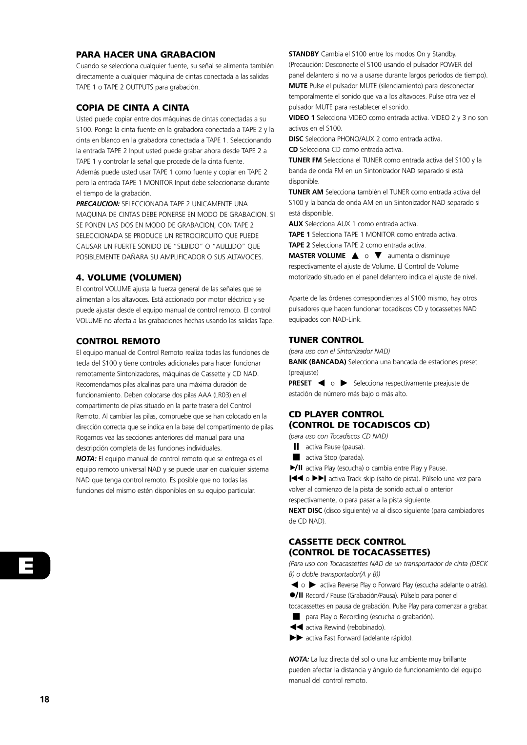 NAD S100 owner manual Para Hacer Una Grabacion, Copia De Cinta A Cinta, Volume Volumen, Control Remoto, Tuner Control 