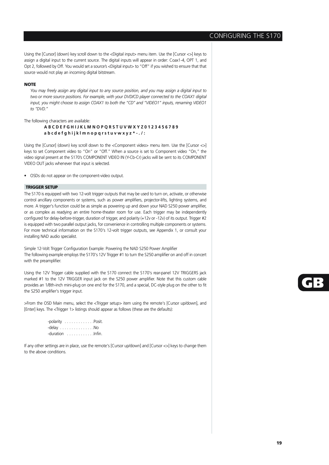 NAD owner manual CONFIGURING THE S170, Trigger Setup 