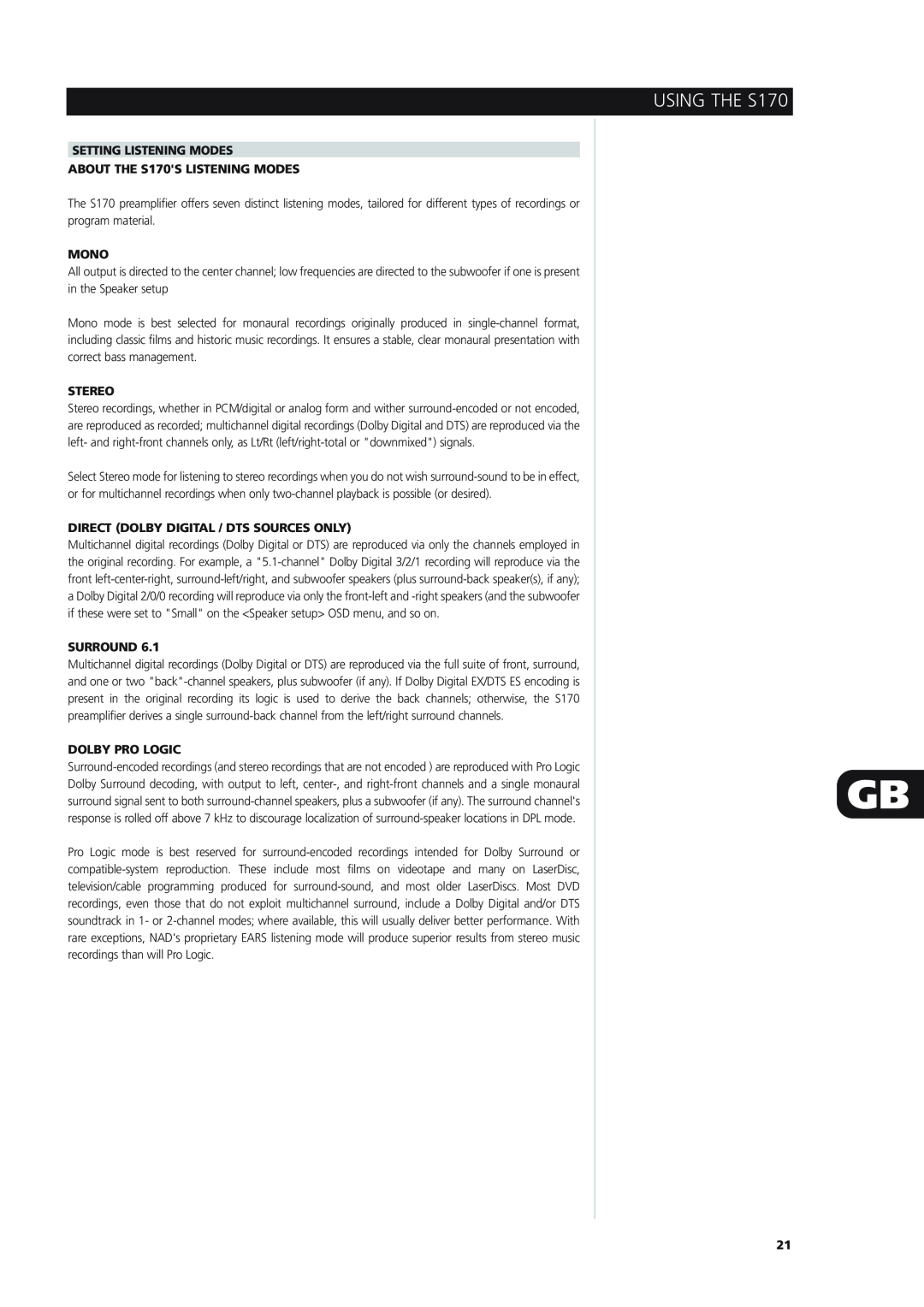 NAD USING THE S170, Setting Listening Modes, ABOUT THE S170S LISTENING MODES, Mono, Stereo, Surround, Dolby Pro Logic 