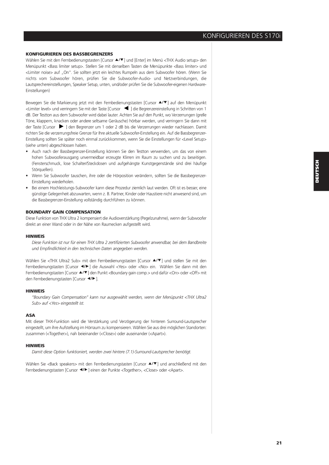 NAD S170iAV owner manual Konfigurieren DES Bassbegrenzers, Boundary Gain Compensation 