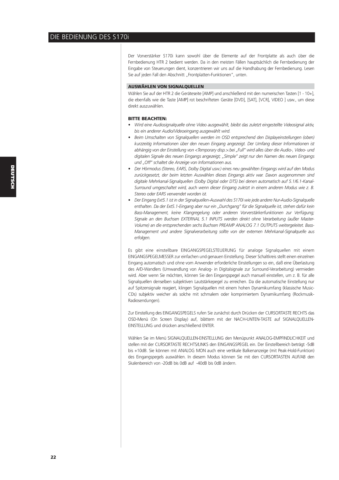 NAD S170iAV owner manual DIE Bedienung DES S170i, Auswählen VON Signalquellen 