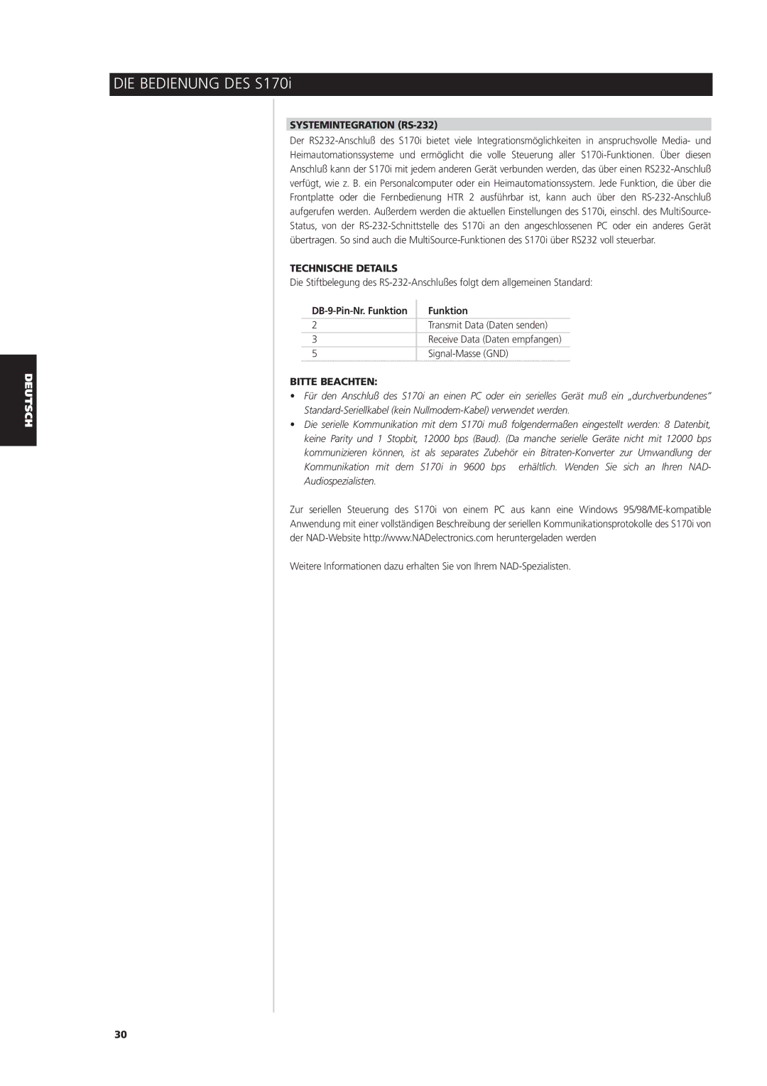 NAD S170iAV owner manual Systemintegration RS-232, Technische Details, Funktion 