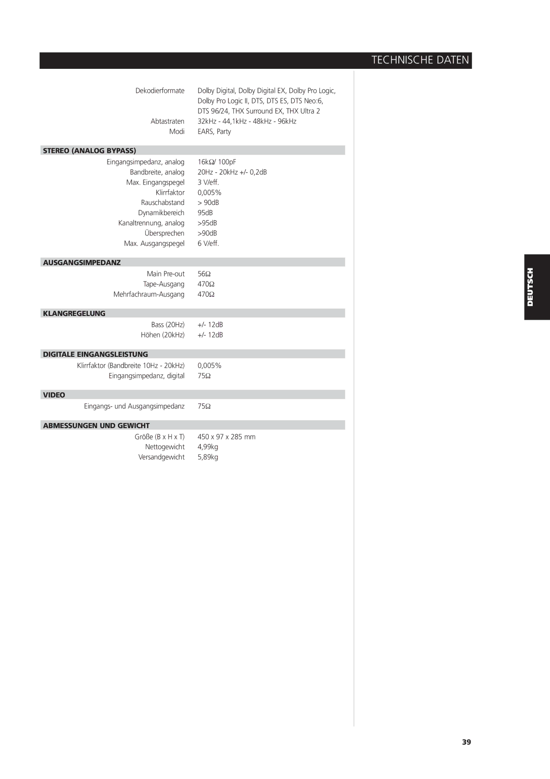 NAD S170iAV Technische Daten, Ausgangsimpedanz, Klangregelung, Digitale Eingangsleistung, Abmessungen UND Gewicht 