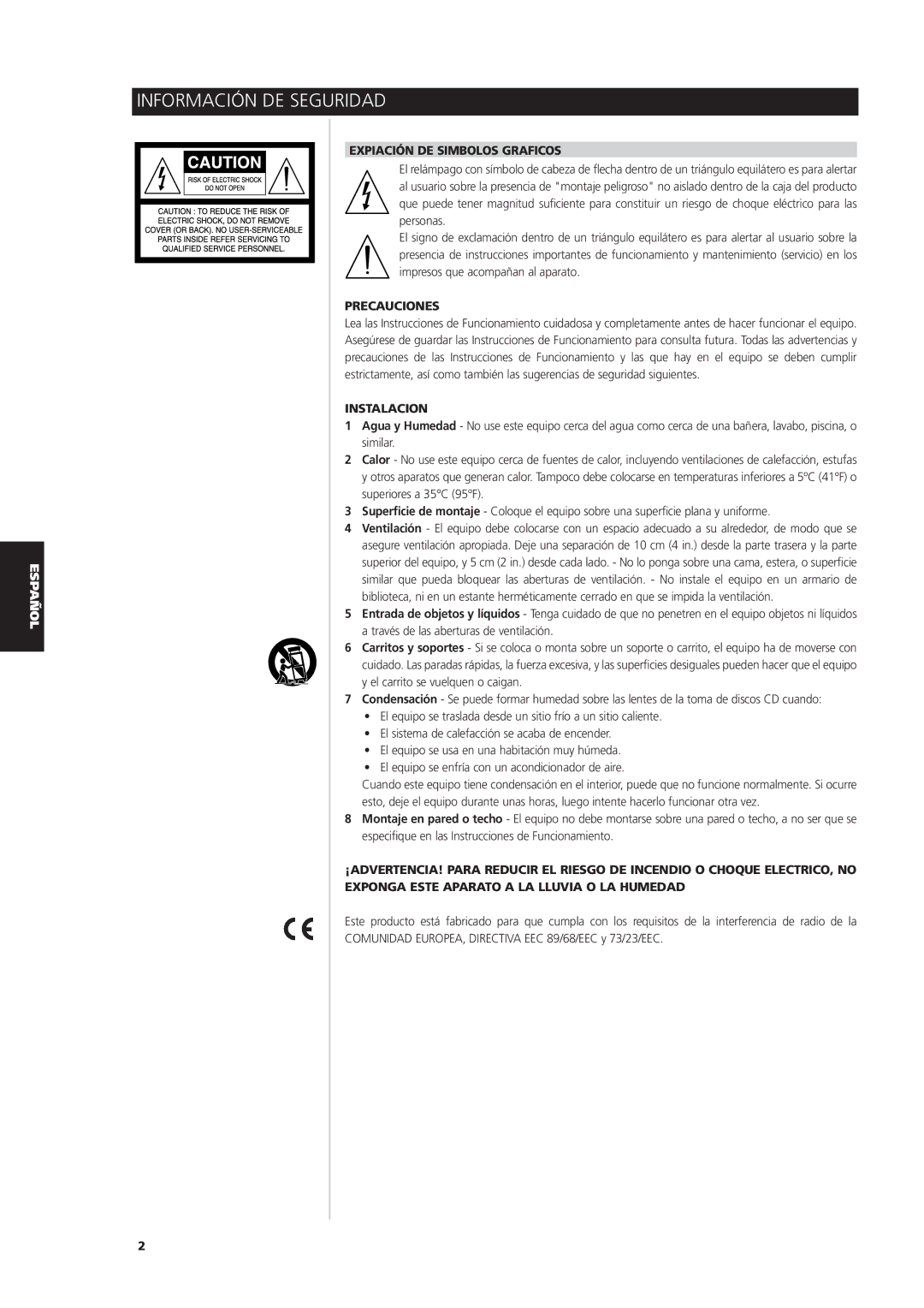 NAD S170iAV owner manual Información DE Seguridad, Expiación DE Simbolos Graficos, Precauciones, Instalacion 