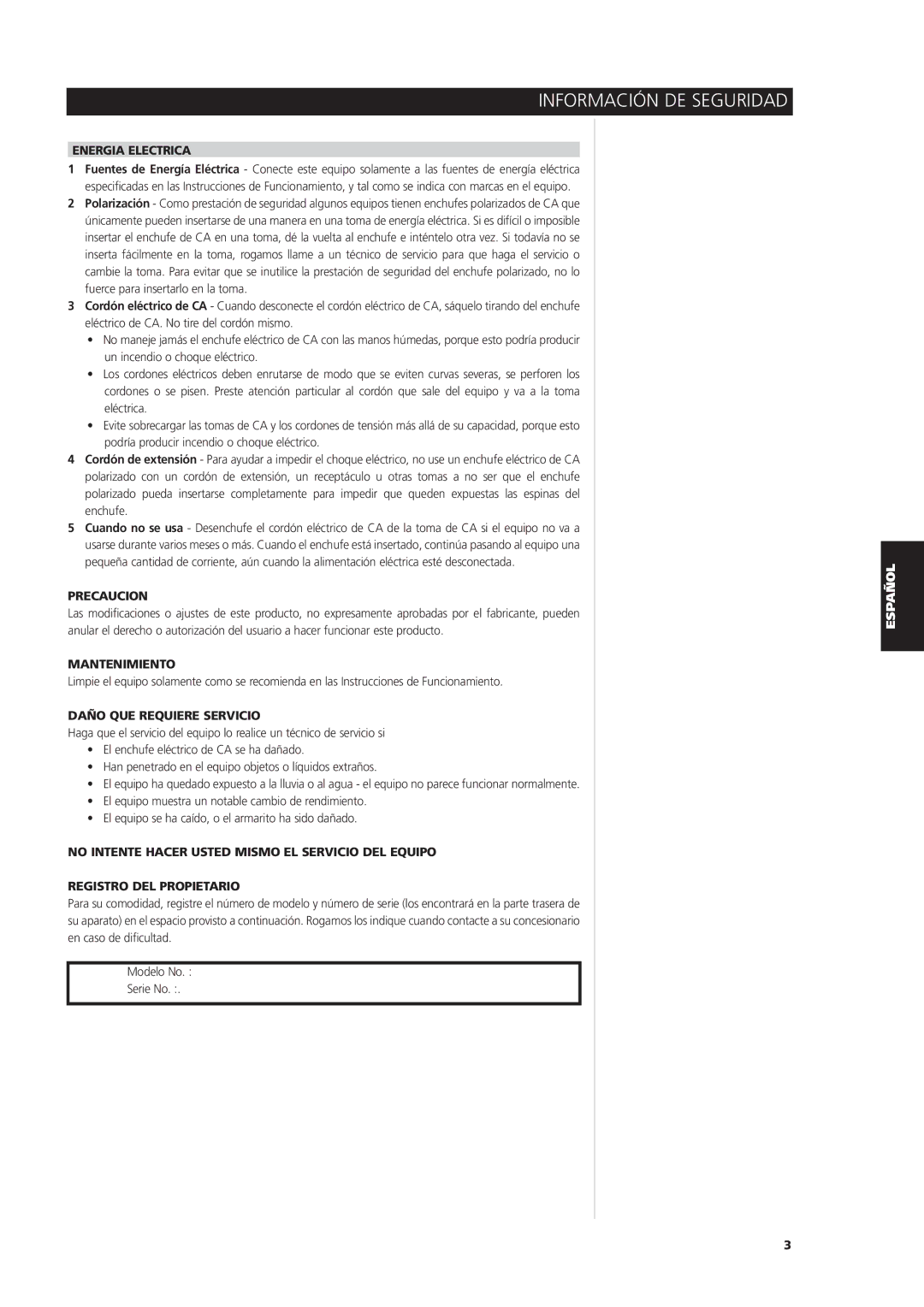 NAD S170iAV owner manual Energia Electrica, Precaucion, Mantenimiento, Daño QUE Requiere Servicio 