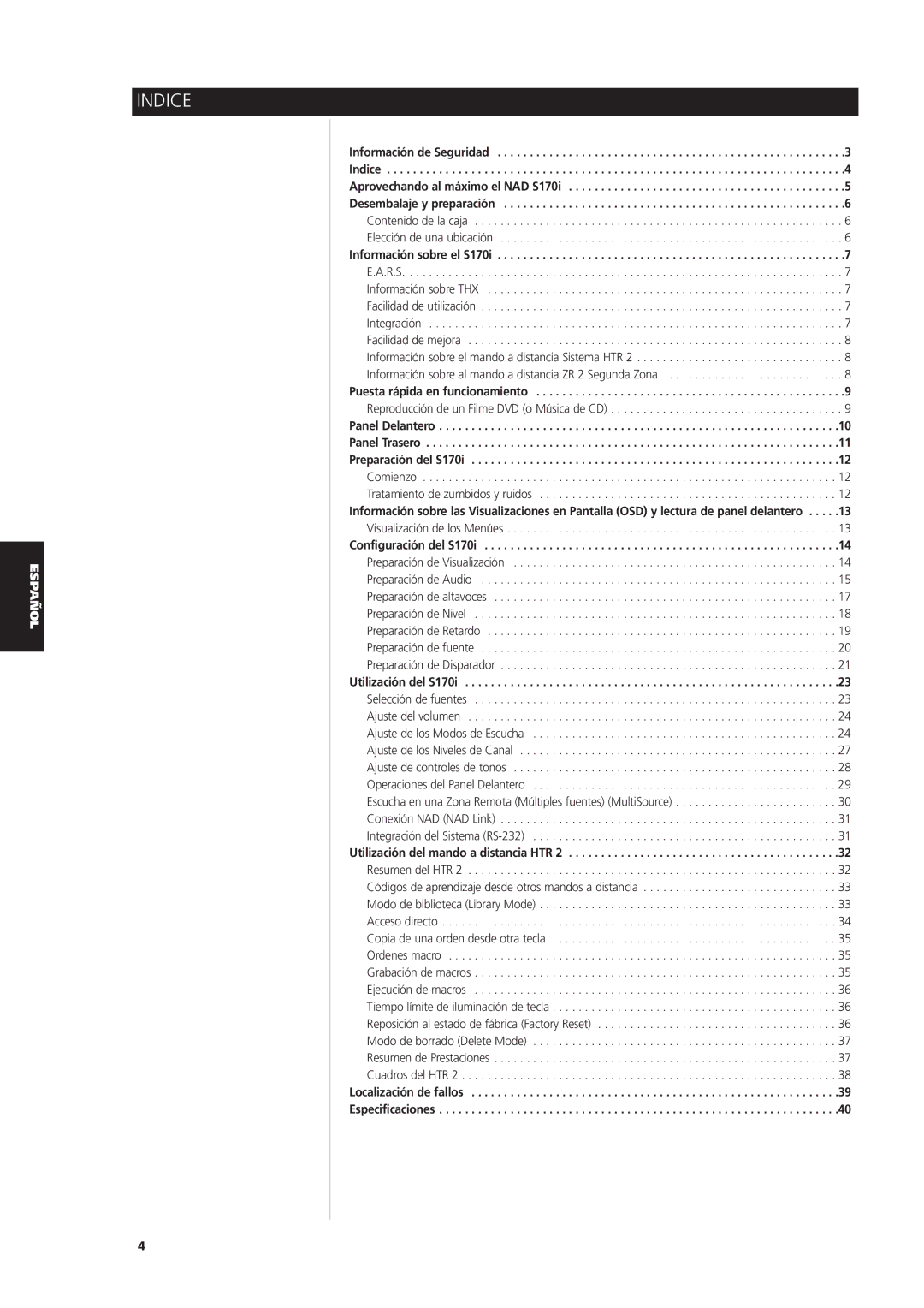 NAD S170iAV owner manual Indice 