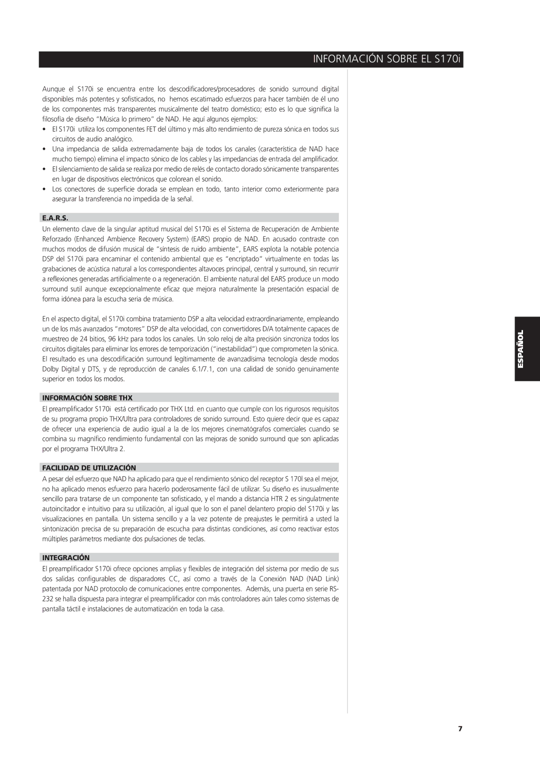 NAD S170iAV owner manual Información Sobre EL S170i, Información Sobre THX Facilidad DE Utilización, Integración 