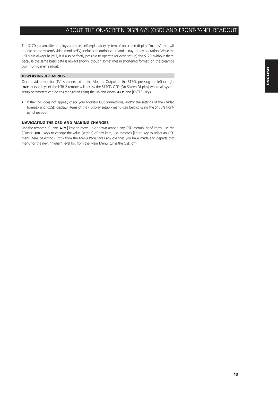 NAD S170iAV owner manual About the ON-SCREEN Displays OSD and FRONT-PANEL Readout, Displaying the Menus 