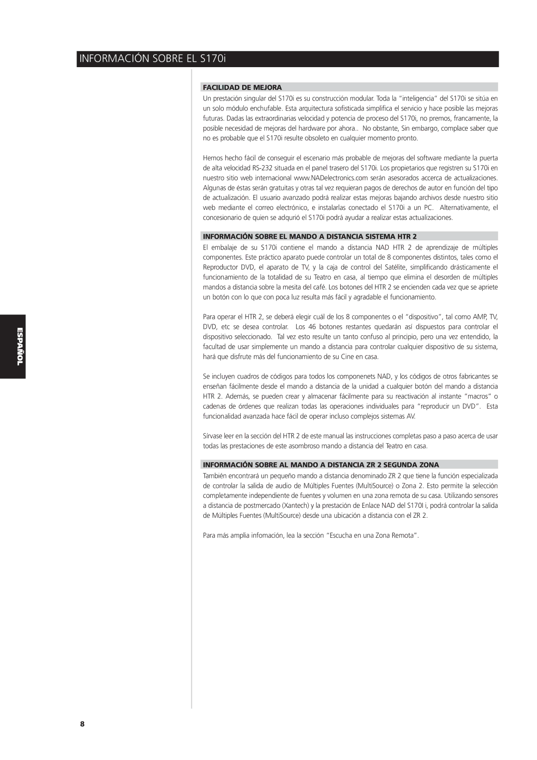 NAD S170iAV owner manual Facilidad DE Mejora, Información Sobre EL Mando a Distancia Sistema HTR 