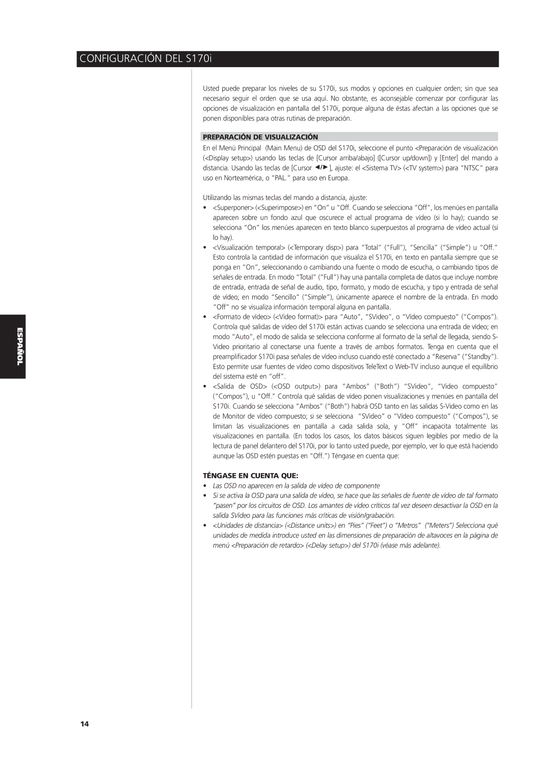 NAD S170iAV owner manual Configuración DEL S170i, Preparación DE Visualización, Téngase EN Cuenta QUE 