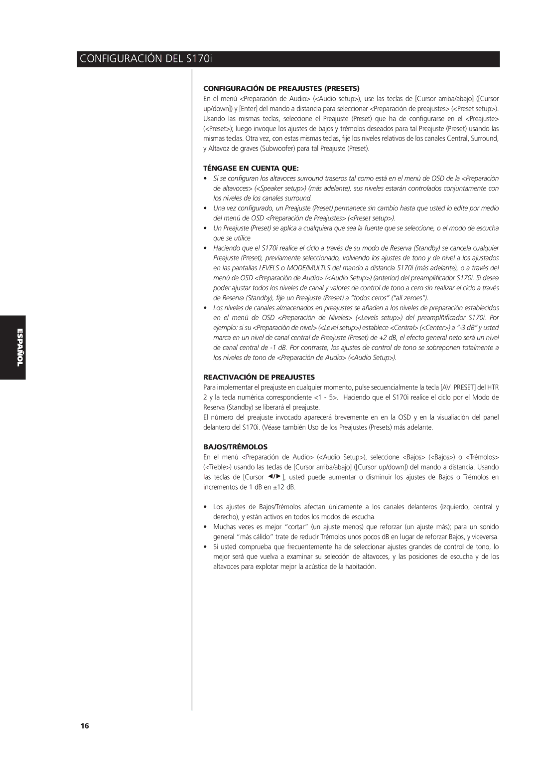 NAD S170iAV owner manual Configuración DE Preajustes Presets, Reactivación DE Preajustes, Bajos/Trémolos 