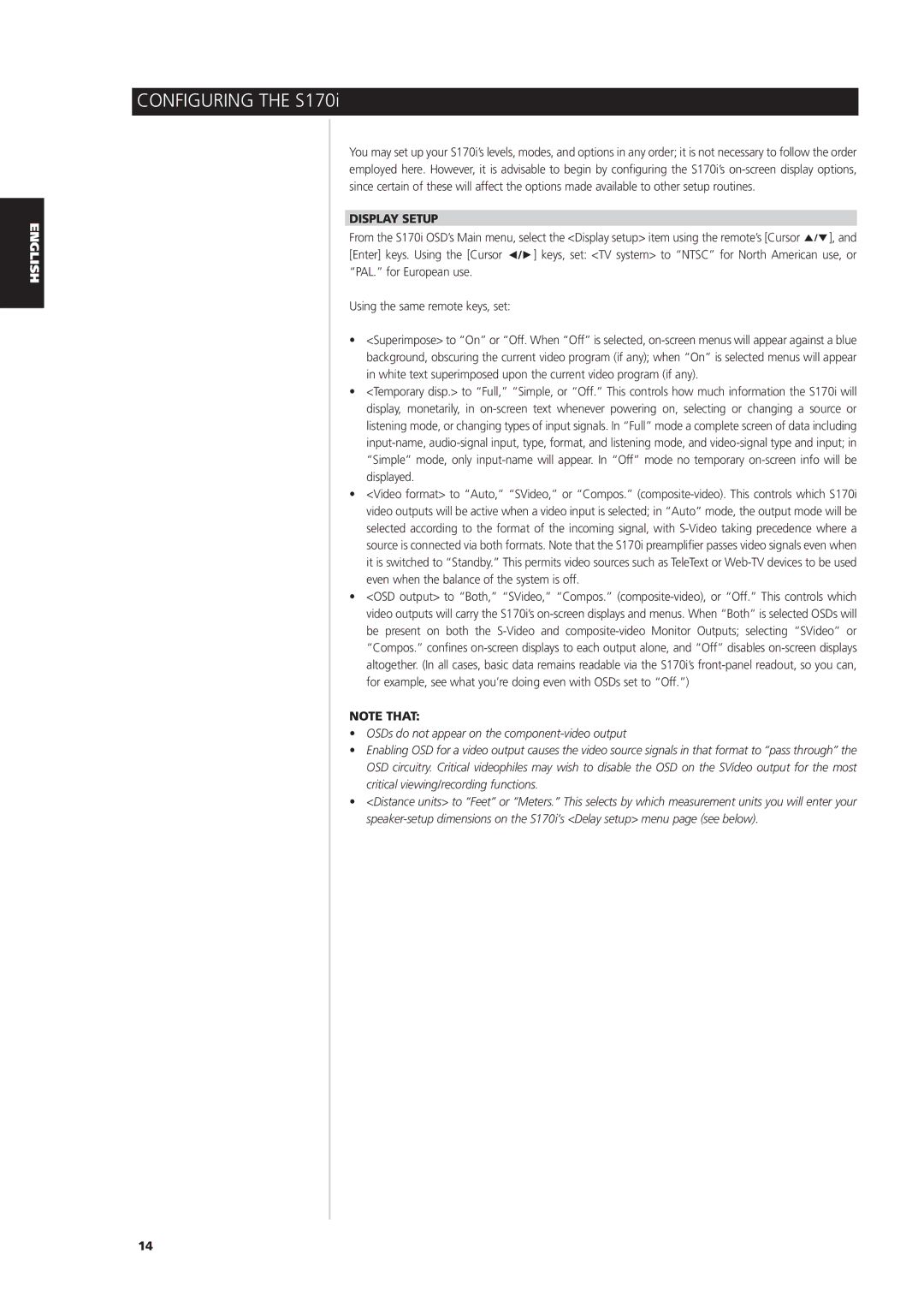 NAD S170iAV owner manual Configuring the S170i, Display Setup 