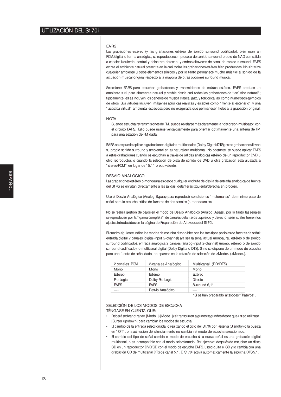 NAD S170iAV owner manual Desvío Analógico, Canales. PCM Canales Analógico Multicanal. DD/DTS 