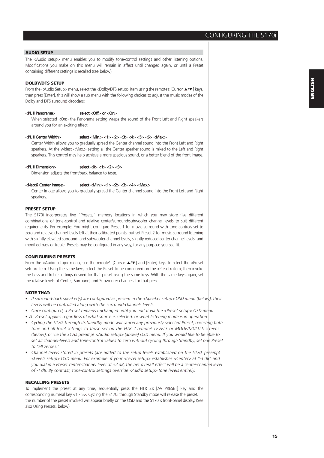 NAD S170iAV owner manual Audio Setup, DOLBY/DTS Setup, Preset Setup, Configuring Presets, Recalling Presets 