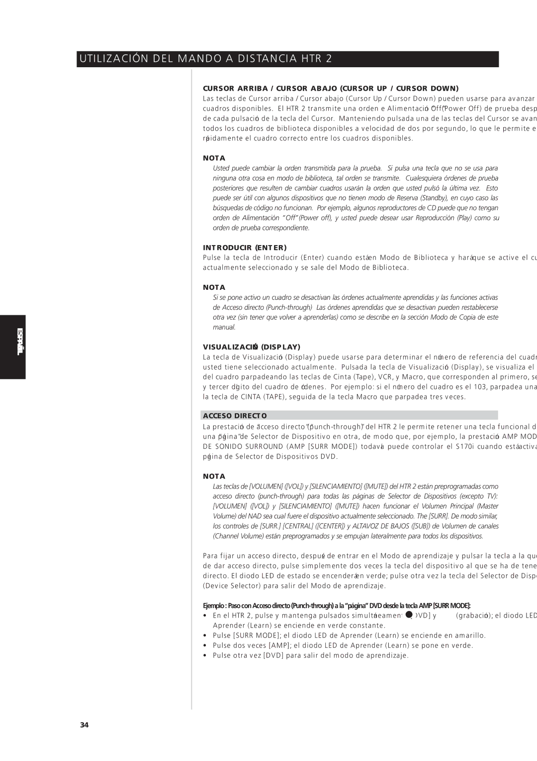 NAD S170iAV Cursor Arriba / Cursor Abajo Cursor UP / Cursor Down, Introducir Enter, Visualización Display, Acceso Directo 