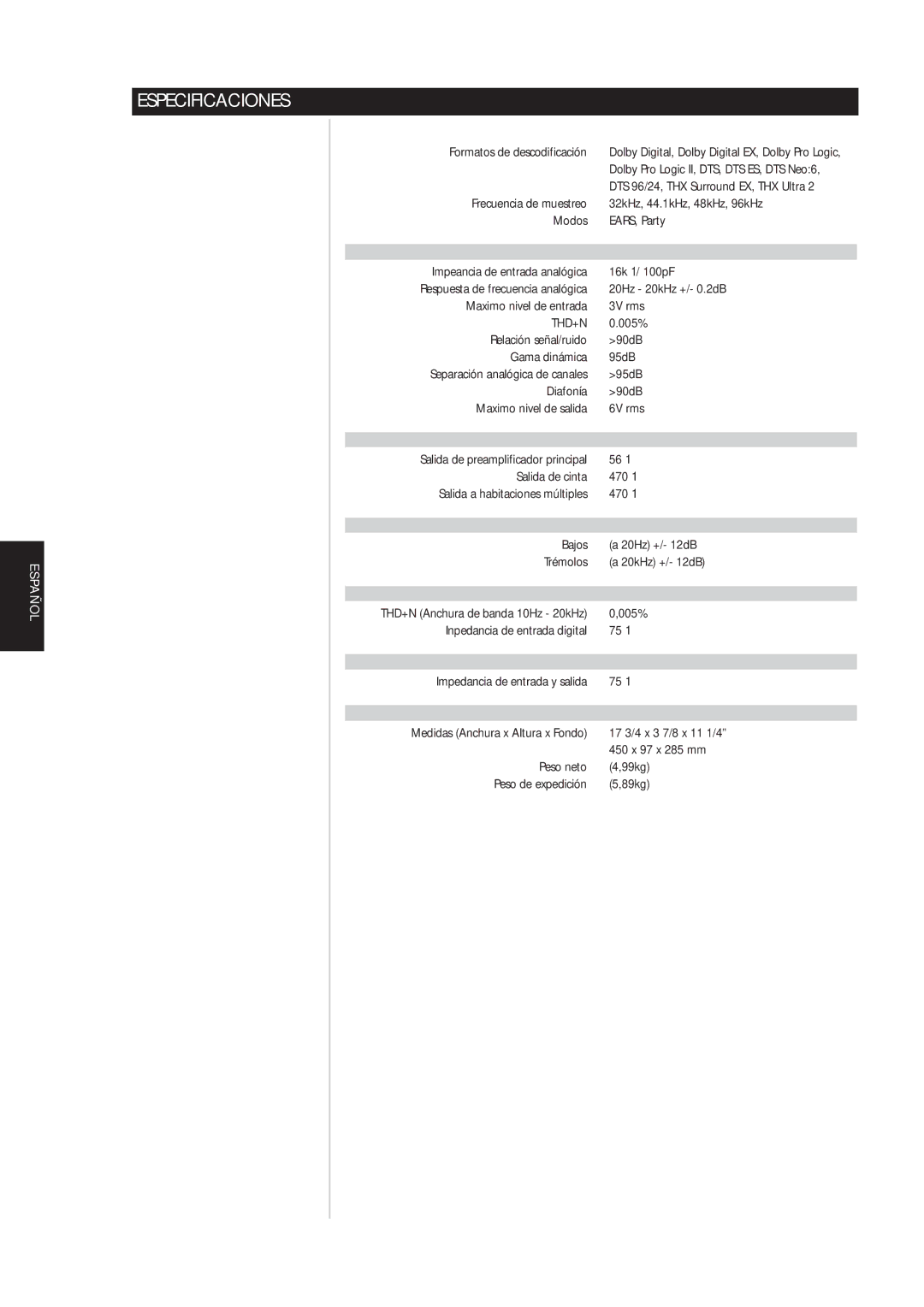 NAD S170iAV owner manual Especificaciones 