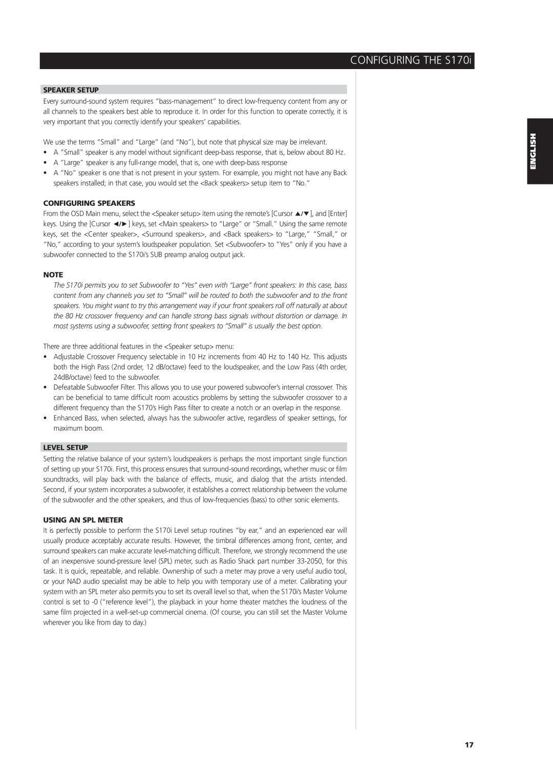 NAD S170iAV owner manual Speaker Setup, Configuring Speakers, Level Setup, Using AN SPL Meter 