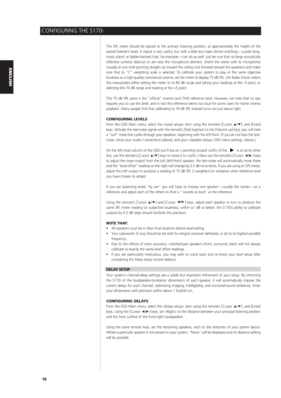 NAD S170iAV owner manual Configuring Levels, Delay Setup, Configuring Delays 