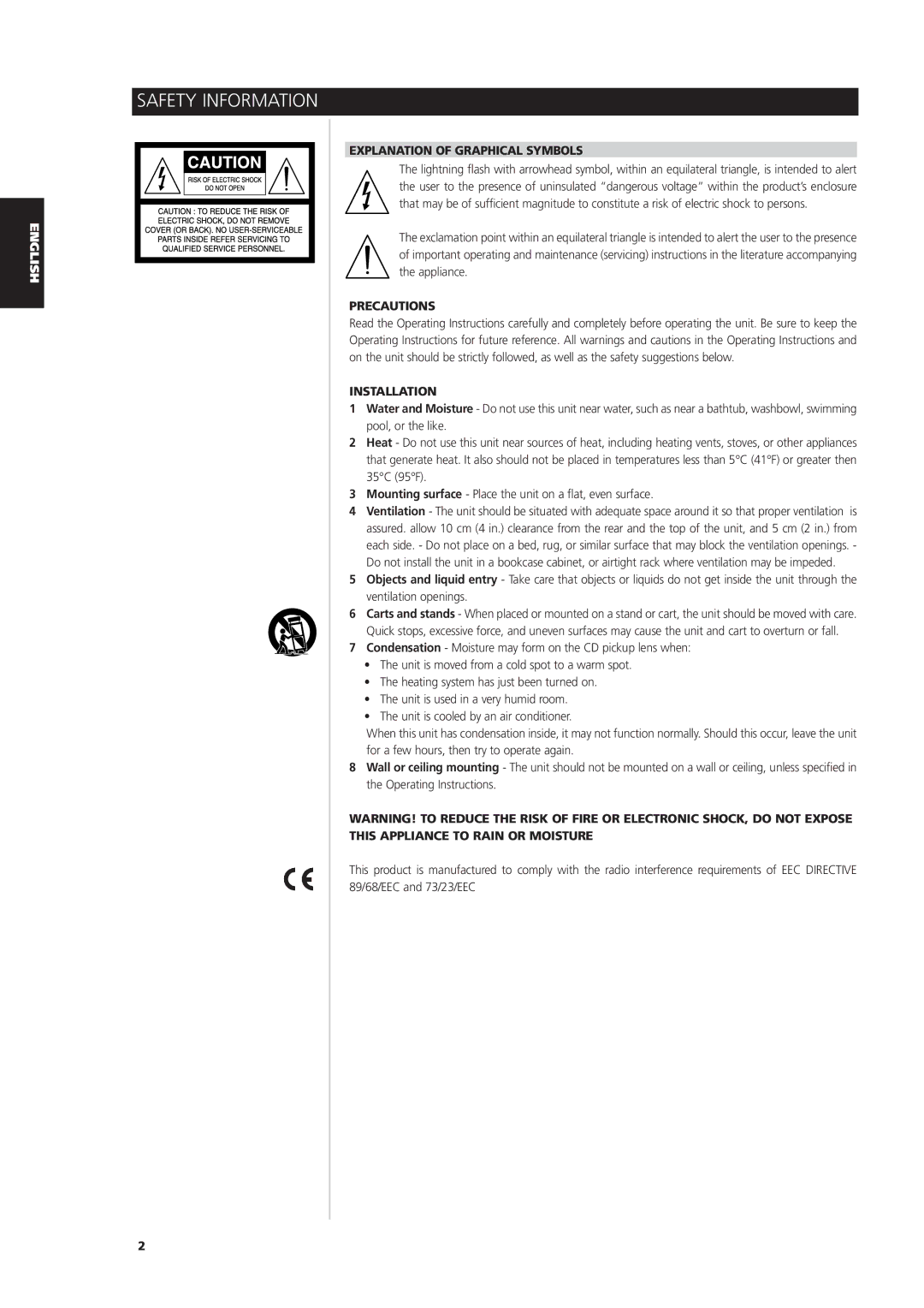 NAD S170iAV owner manual Safety Information, Explanation of Graphical Symbols, Precautions, Installation 