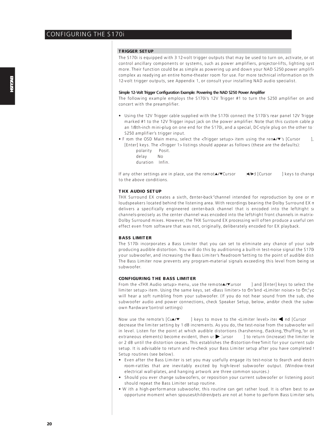 NAD S170iAV owner manual Trigger Setup, THX Audio Setup, Configuring the Bass Limiter 