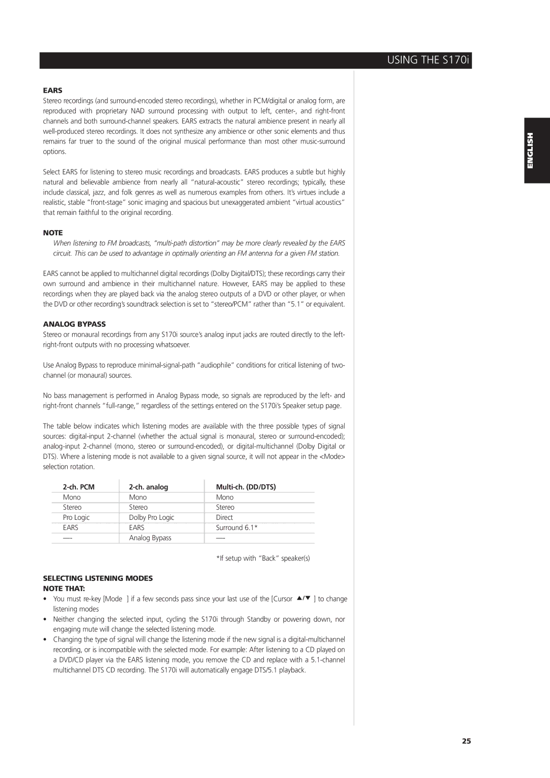 NAD S170iAV owner manual Ears, Analog Bypass, Ch. PCM Ch. analog Multi-ch. DD/DTS, Selecting Listening Modes 