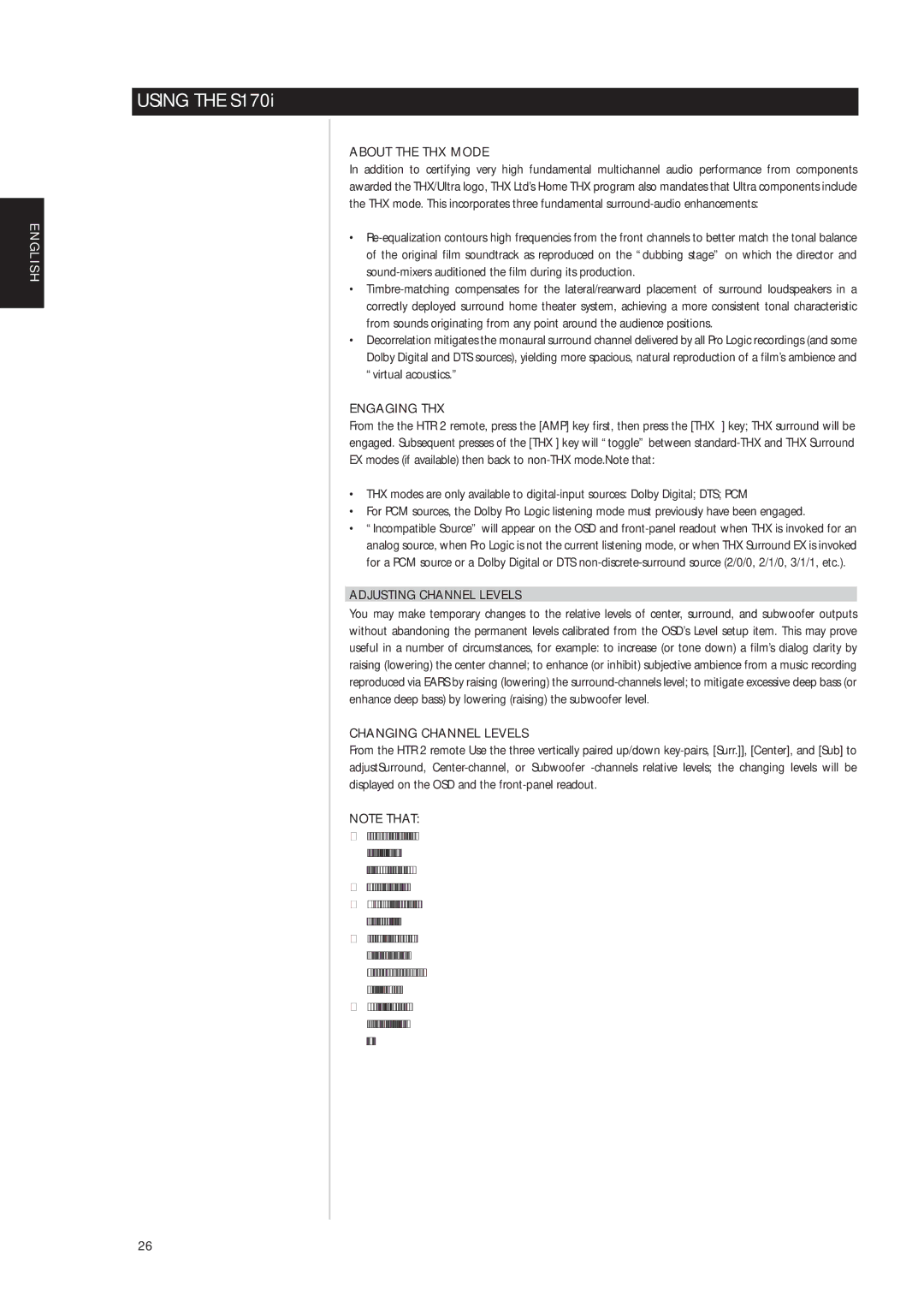 NAD S170iAV owner manual About the THX Mode, Engaging THX, Adjusting Channel Levels, Changing Channel Levels 