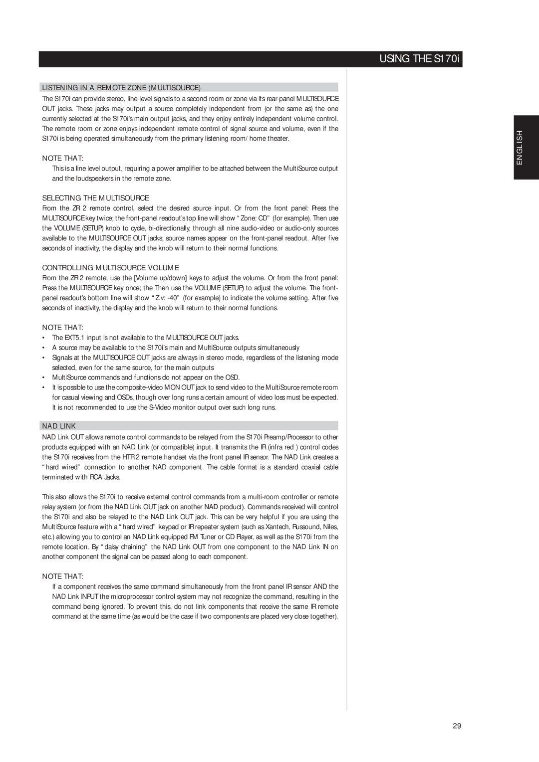 NAD S170iAV Listening in a Remote Zone Multisource, Selecting the Multisource, Controlling Multisource Volume, NAD Link 