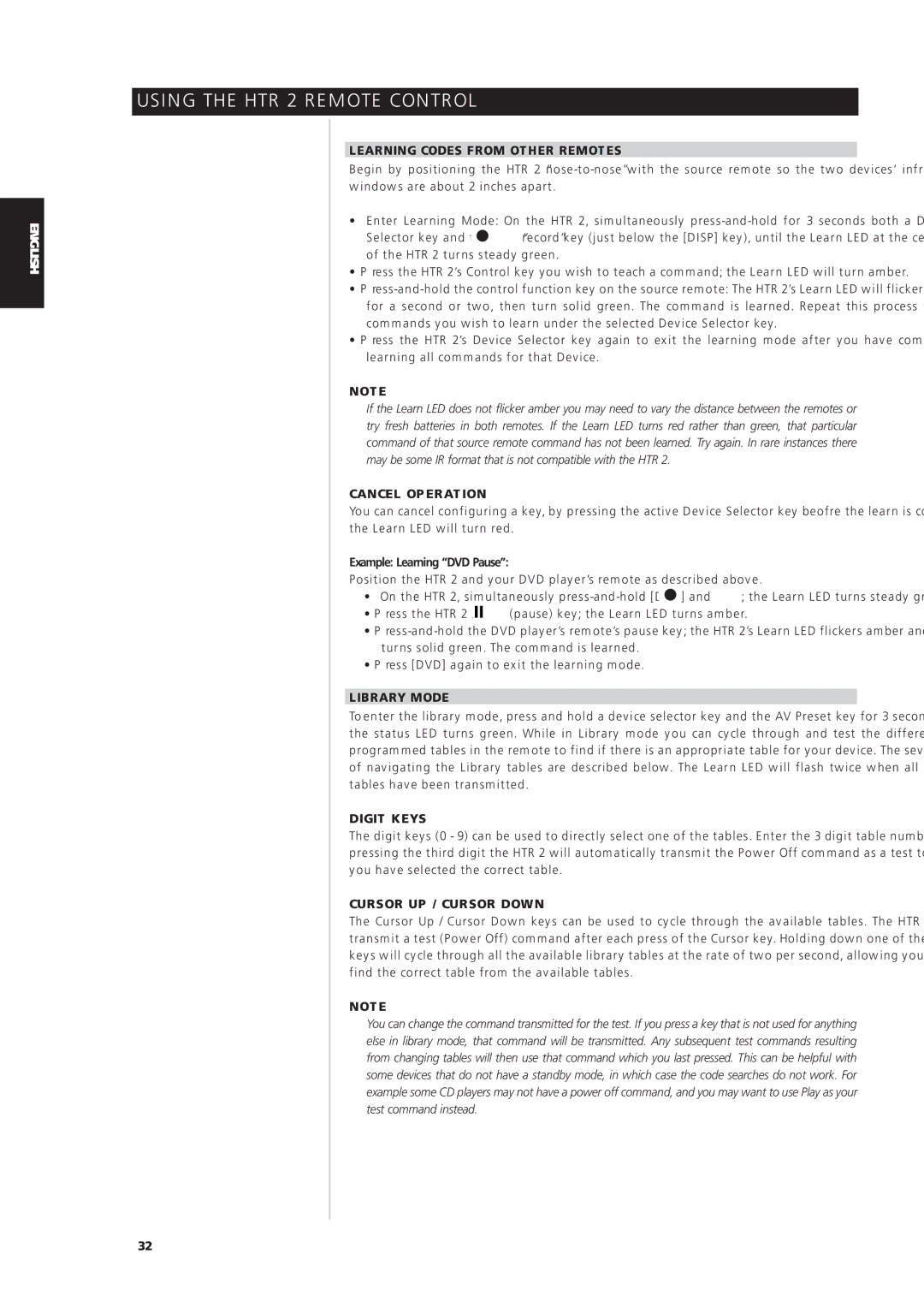 NAD S170iAV Learning Codes from Other Remotes, Cancel Operation, Library Mode, Digit Keys, Cursor UP / Cursor Down 