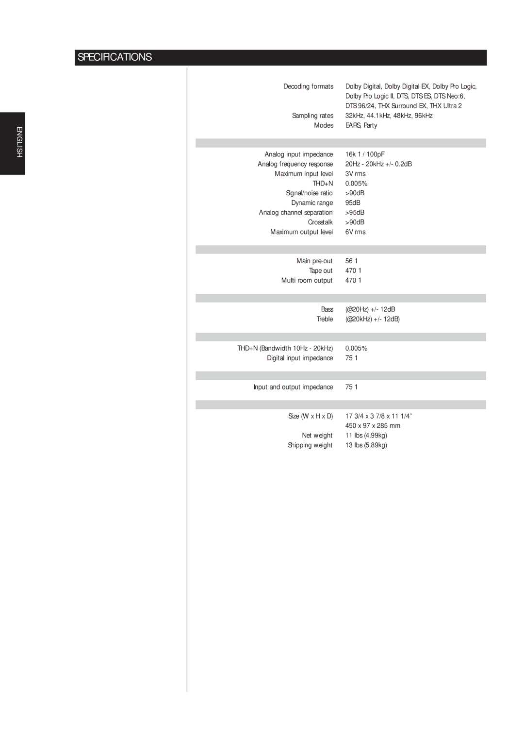 NAD S170iAV owner manual Specifications 