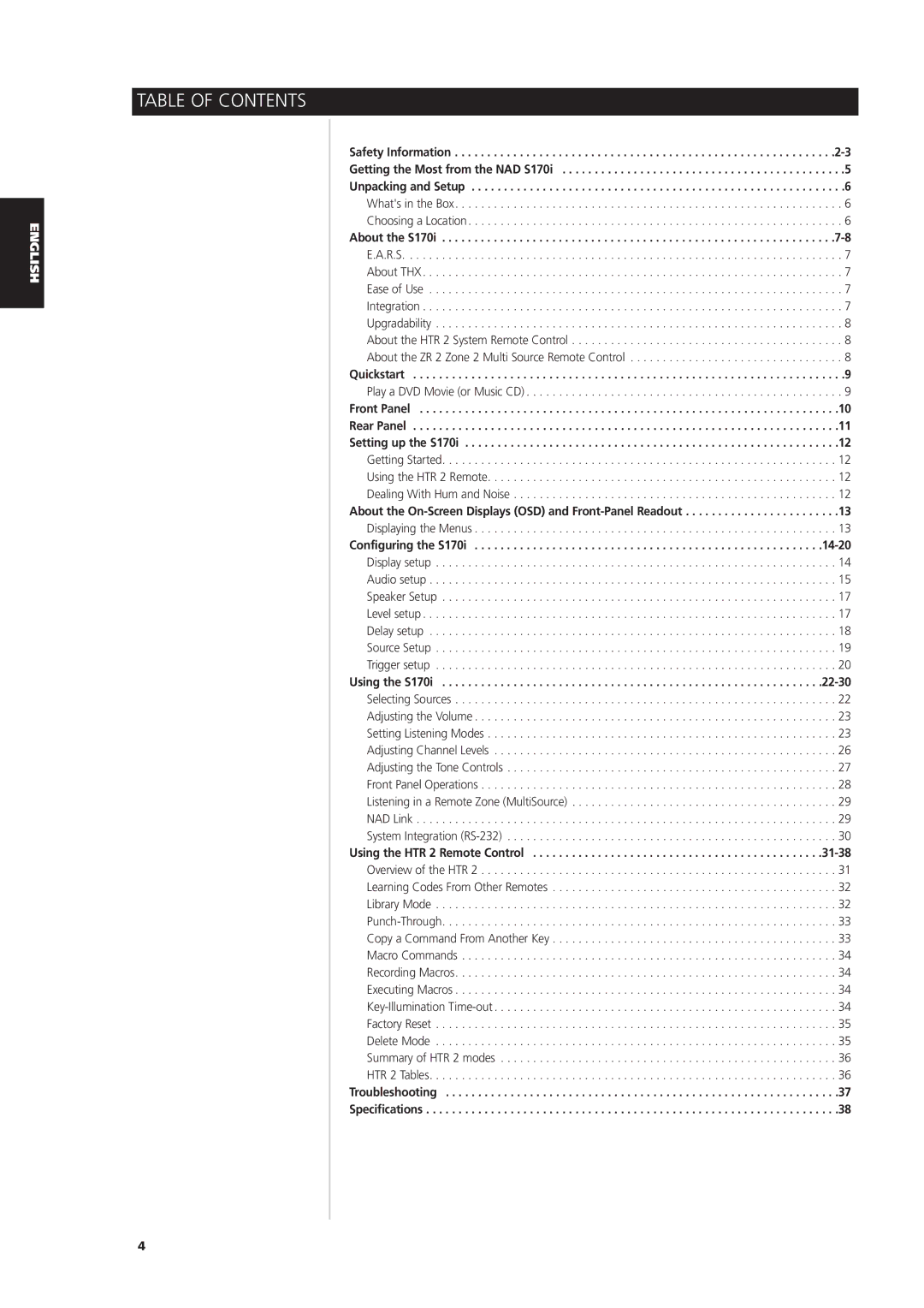 NAD S170iAV owner manual Table of Contents 